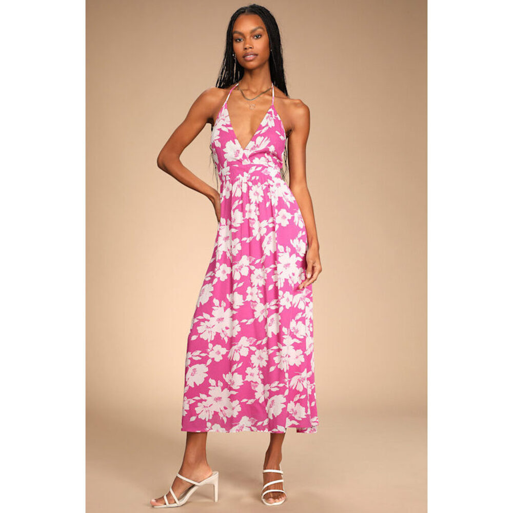 Lulus Follow The Summer Pink Floral Print Halter Midi Dress - Size S